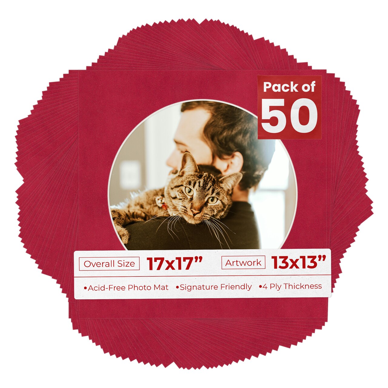 Red Suede Mat Board for 17x17 Frames - Circle Opening for 13x13 Photos